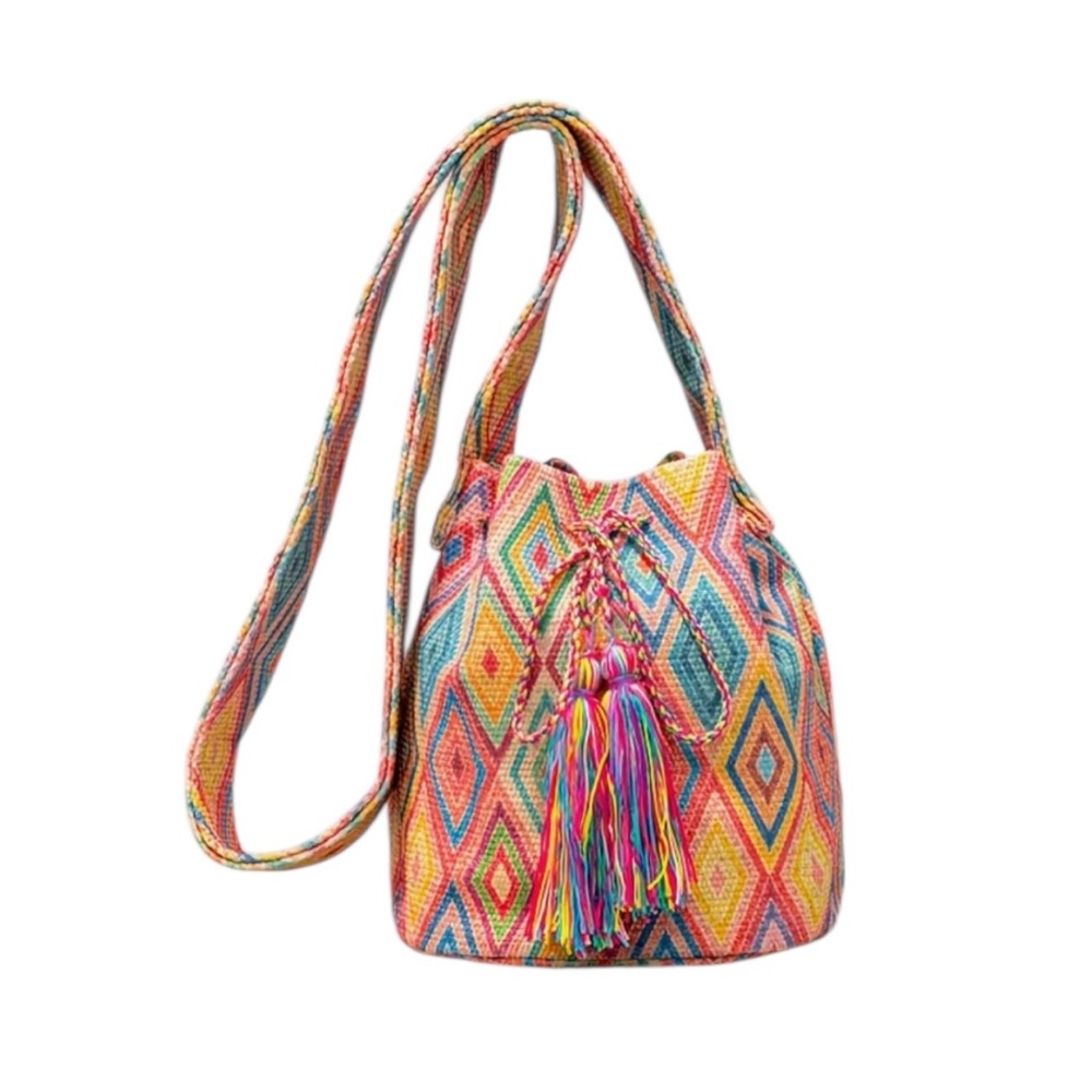 Colorful Geometric Pattern Woven Canvas Bucket Bag NWOT